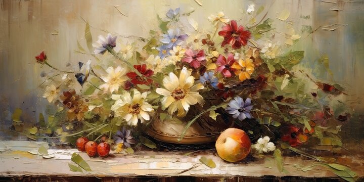 AI Generated. AI Generative. Vintage retro style flowers botanical plant on canvas. Oil paint draw blossom. Graphic Art