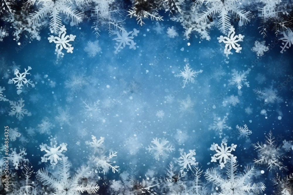 Wall mural Macro close up of Snowflakes and snow borders on a blue crystal background, hight quality illustration, AI Generative