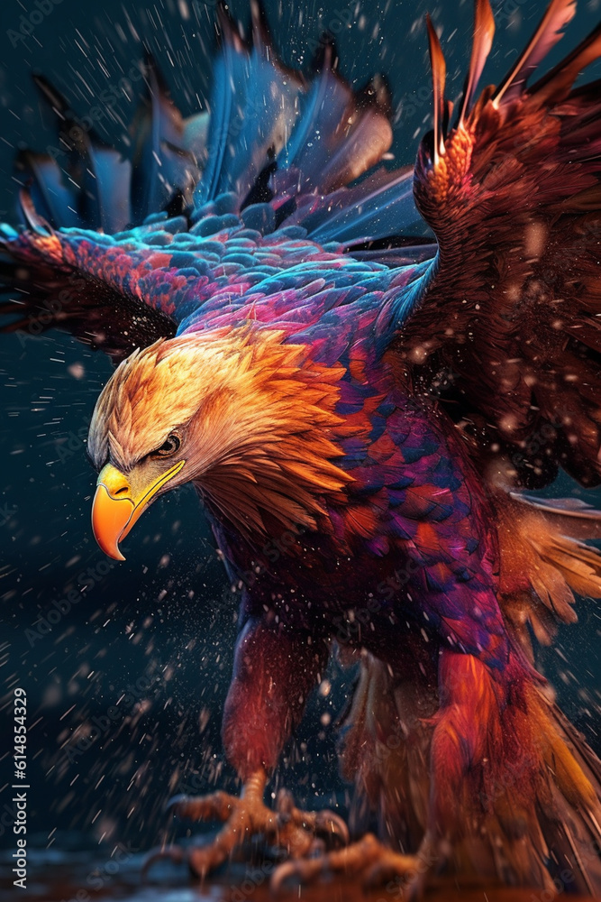 Poster an abstract surreal photograph of a eagle splashed in bright paint, contemporary colors and mood soc
