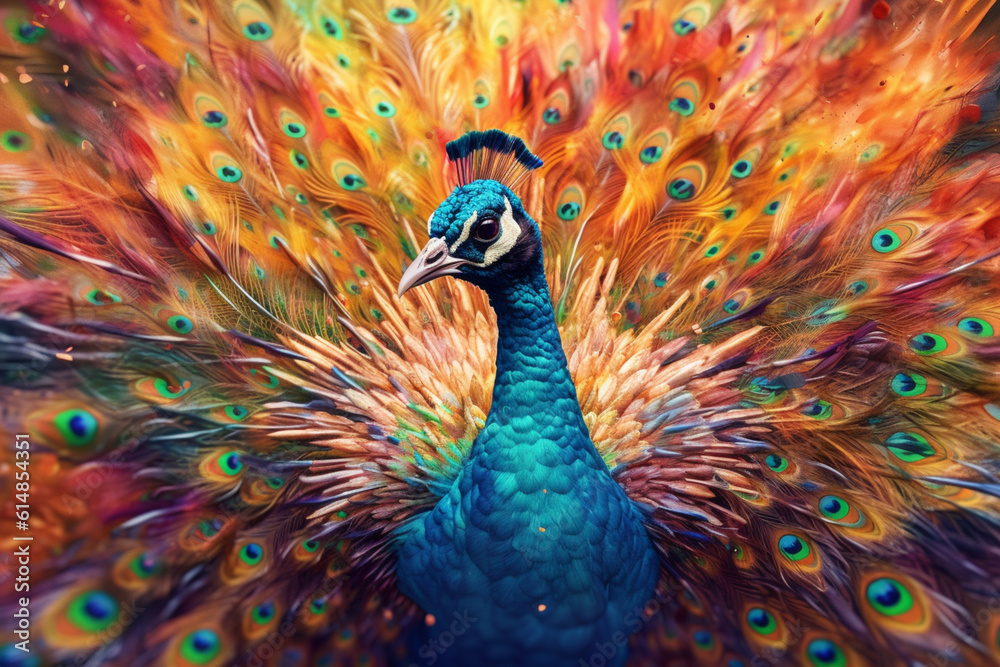Poster an abstract surreal photograph of a peacock splashed in bright paint, contemporary colors and mood s