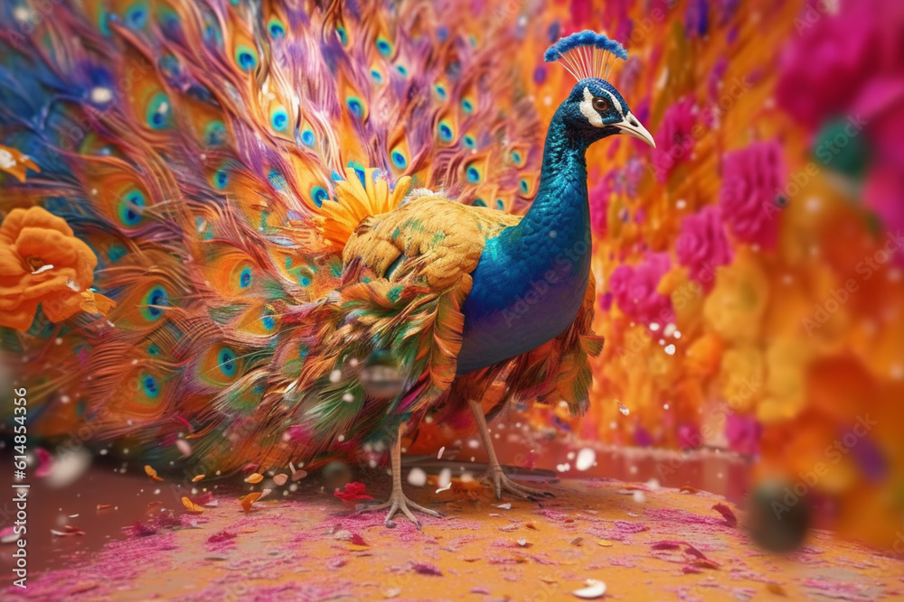 Poster an abstract surreal photograph of a peacock splashed in bright paint, contemporary colors and mood s