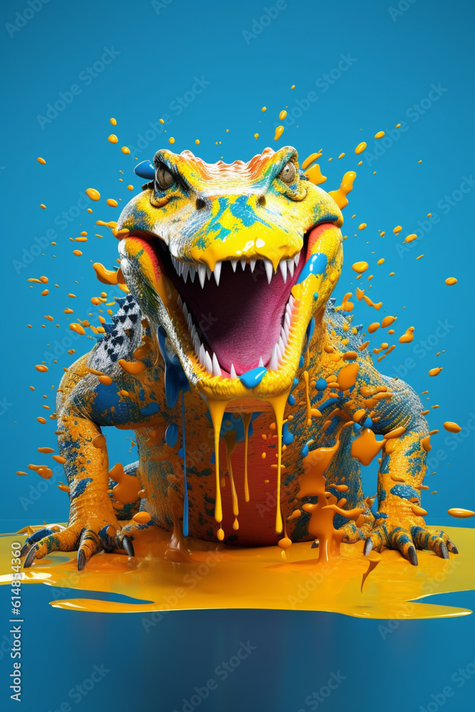 Poster an abstract surreal photograph of a crocodile splashed in bright paint, contemporary colors and mood