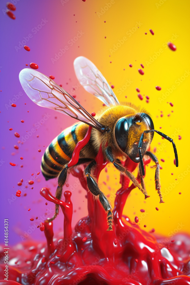 Poster an abstract surreal photograph of a bee splashed in bright paint, contemporary colors and mood socia