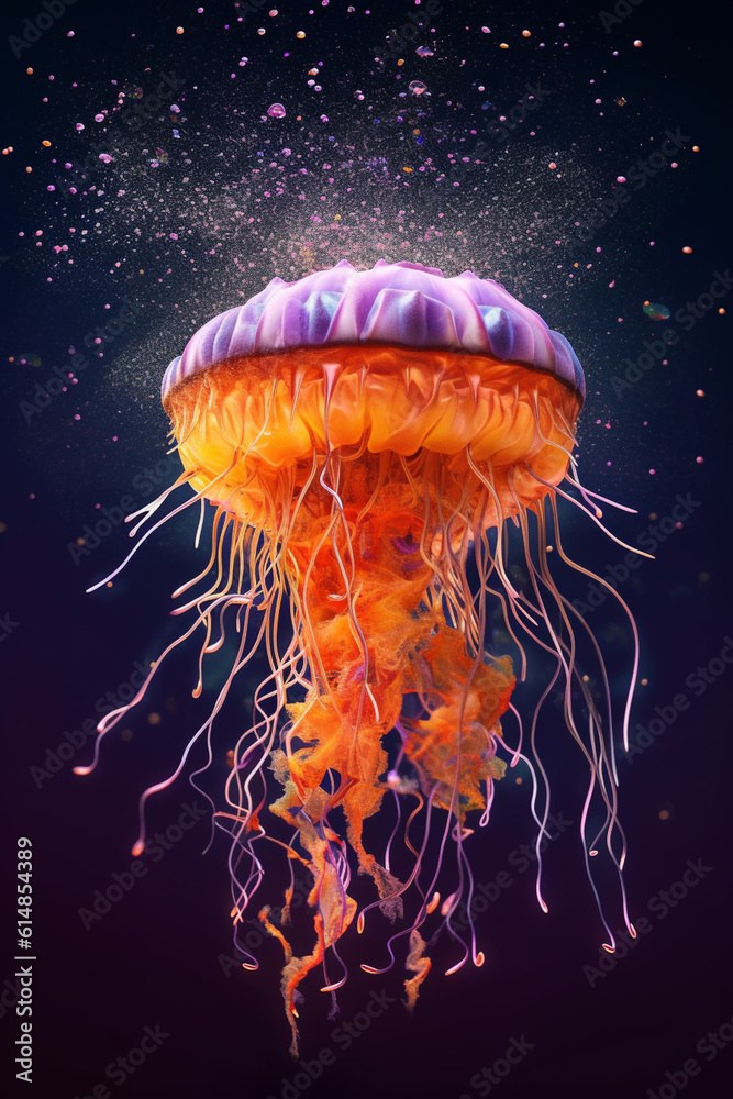 Poster An abstract surreal photograph of a Jellyfish splashed in bright paint, contemporary colors and mood social background.  Generative AI technology.