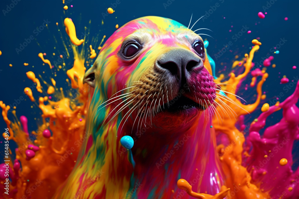 Poster an vibrant photograph of a seal splashed in bright paint, contemporary colors and mood social backgr