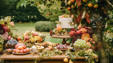 Autumnal dessert buffet table, event food catering for wedding, party and holiday celebration, cakes, sweets and desserts in autumn garden, generative ai