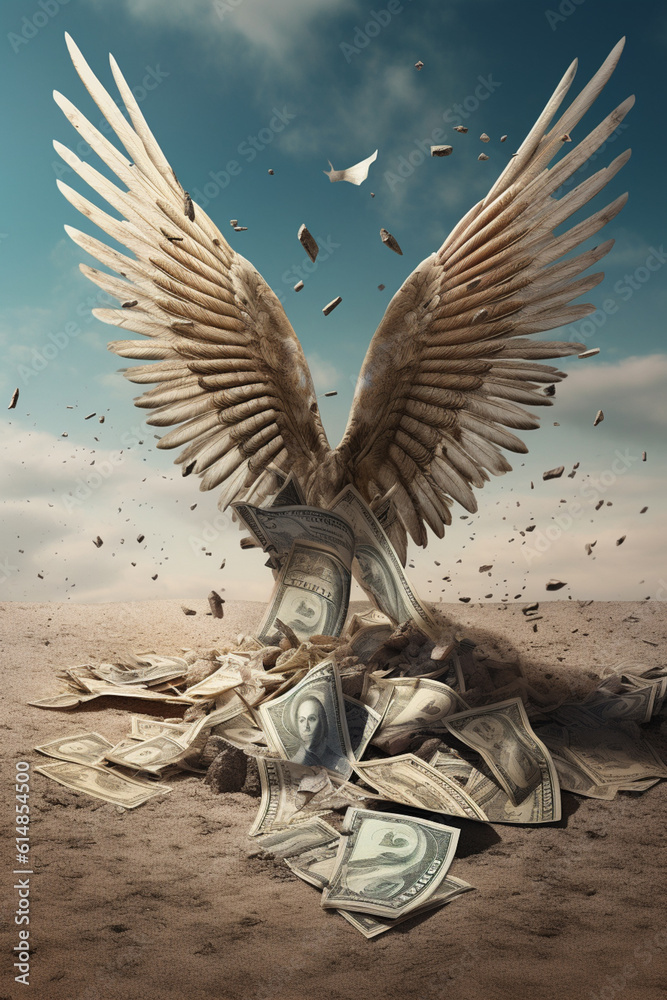 Poster  A conceptual image of a dollar bill with wings, descending towards the ground, representing the decline in value and purchasing power.  Generative AI technology.