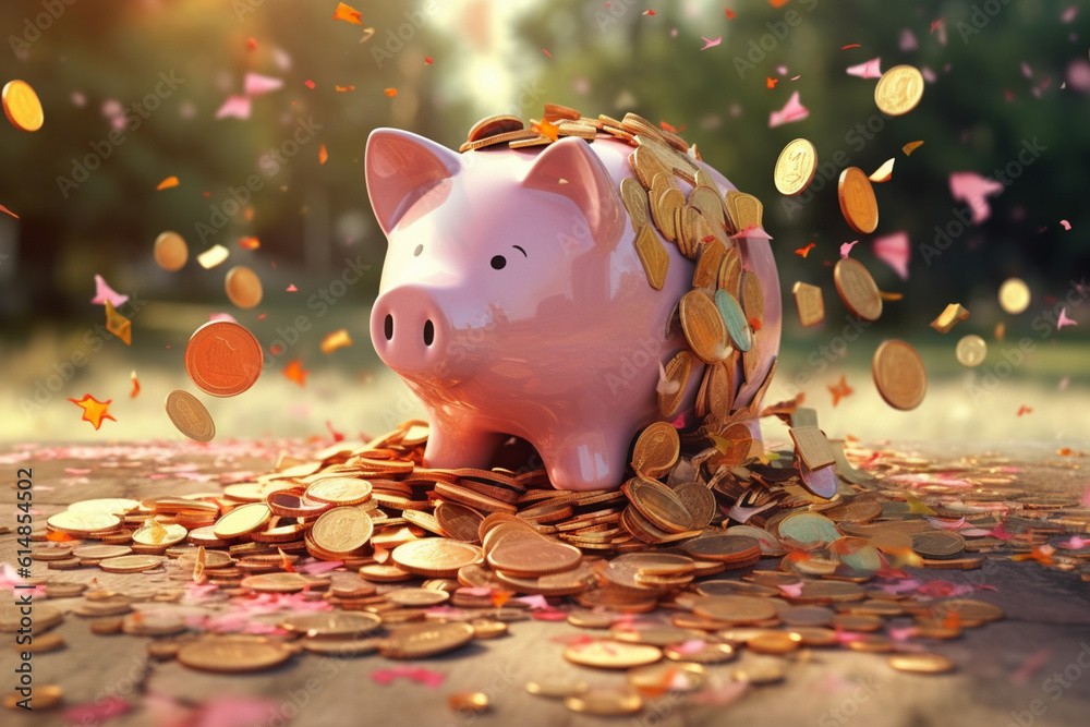 Poster an artistic representation of a broken piggy bank with scattered dollar coins, depicting the negativ