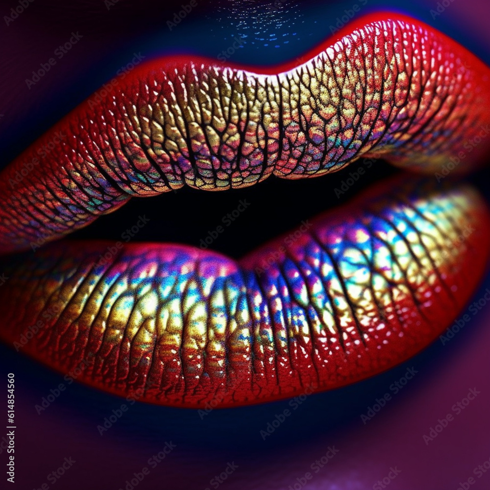 Aufkleber An experimental photography of abstract lips captured with macro lenses, revealing intricate details, textures, and patterns that are not visible to the naked eye.  Generative AI technology.