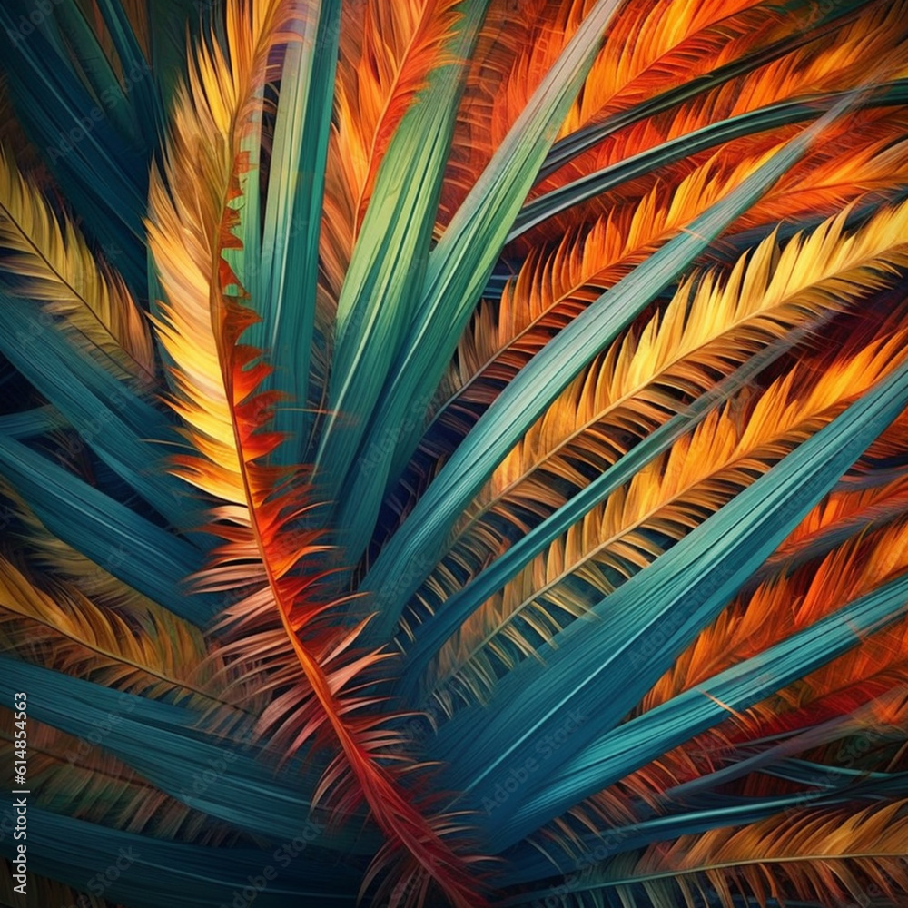 Poster  A digital manipulation of abstract palm fronds intertwined with abstract patterns and textures, creating an intriguing visual fusion of nature and art.  Generative AI technology.