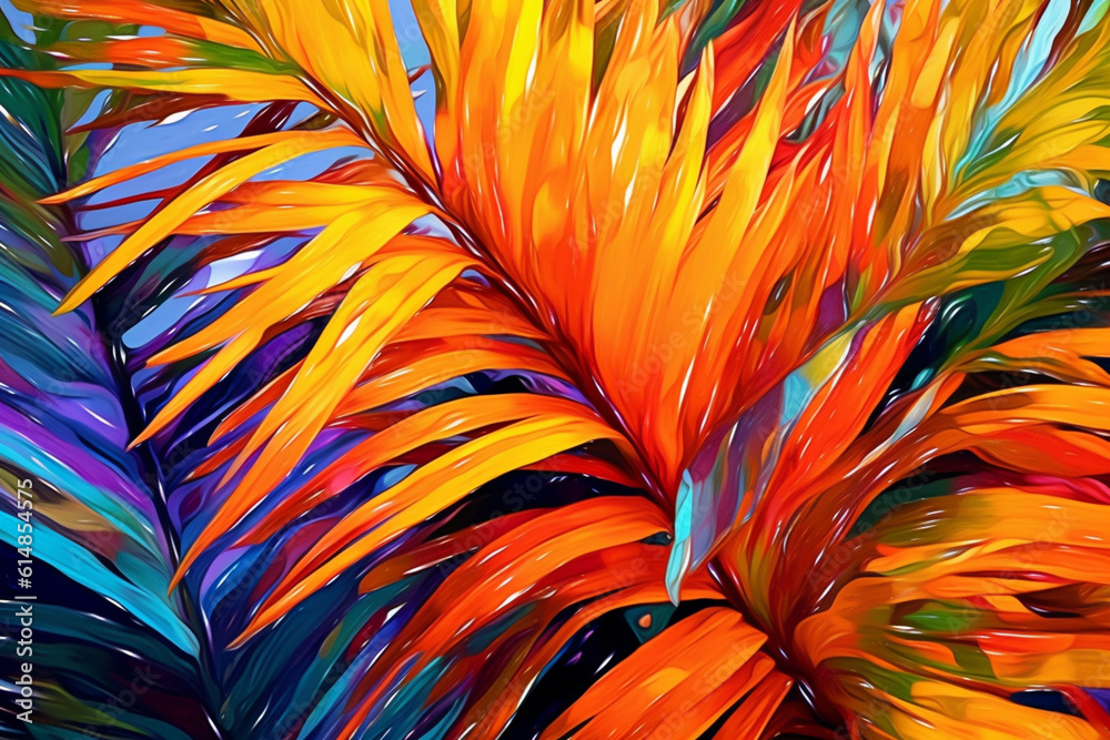 Poster  An artistic representation of abstract palm leaves created using fluid acrylic pouring techniques, resulting in mesmerizing patterns and organic shapes.  Generative AI technology.