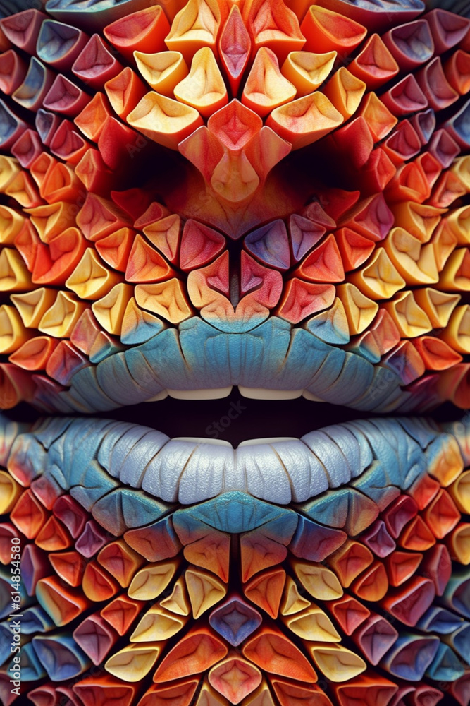 Poster  A conceptual artwork of abstract lips transformed into a kaleidoscopic pattern, symbolizing the complexity and diversity of human emotions and experiences.  Generative AI technology.