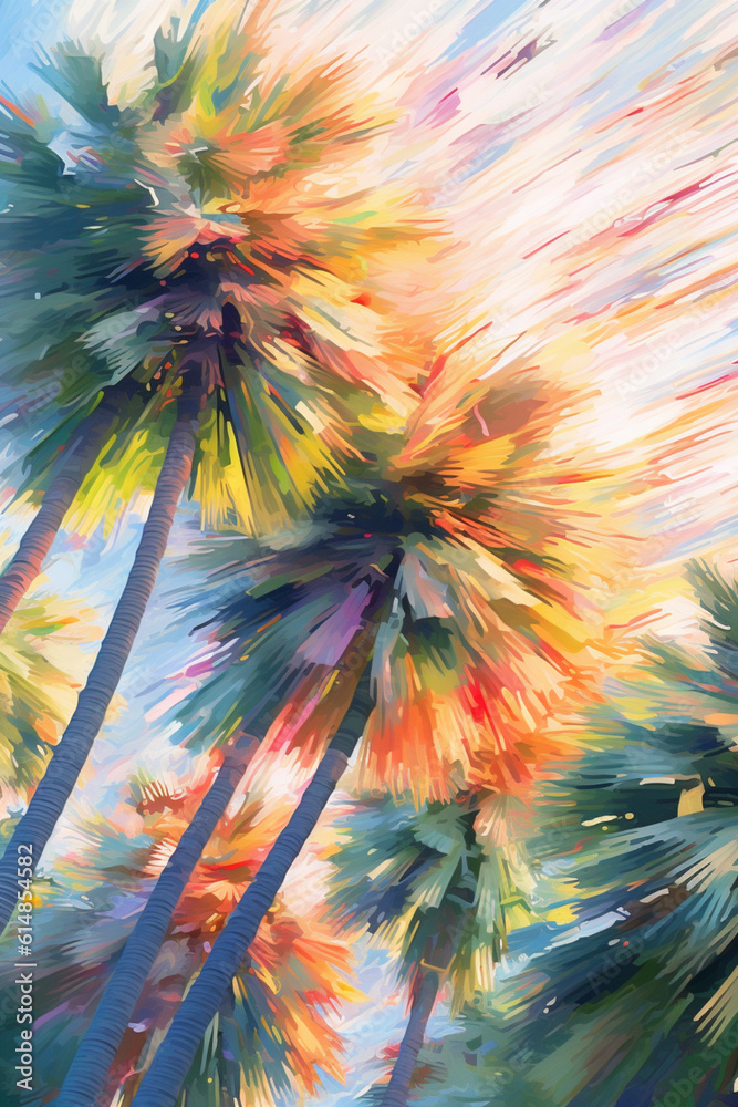 Poster a digital collage of abstract palm silhouettes arranged in a dynamic composition, symbolizing growth