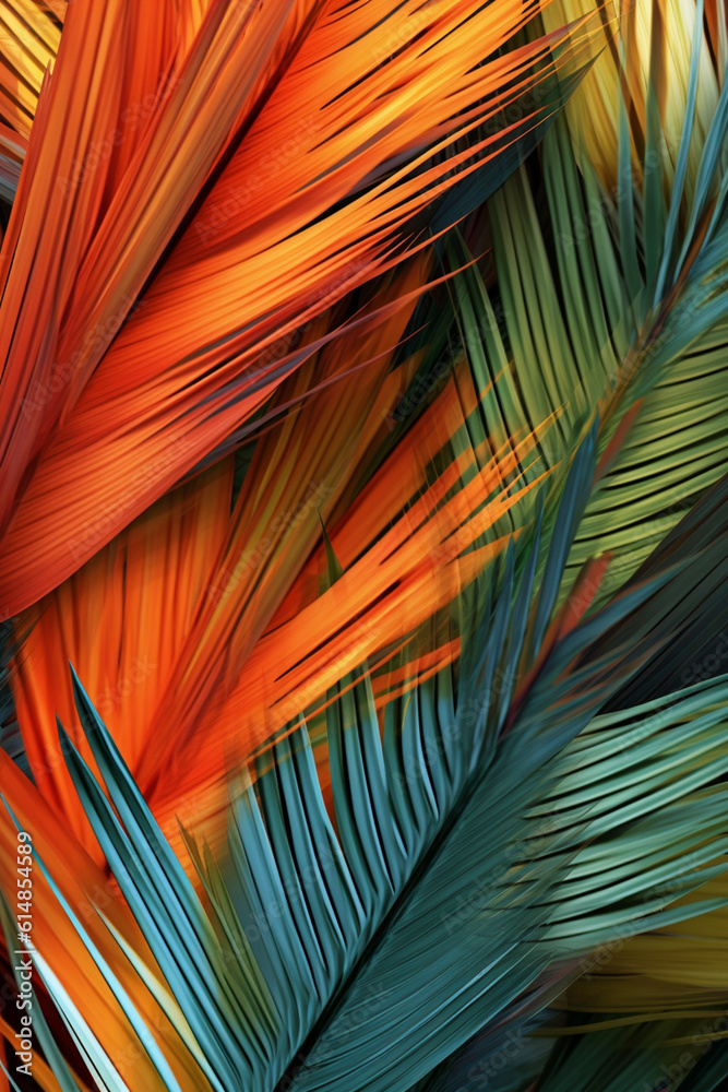 Poster A minimalist graphic design of abstract palm leaves in a repetitive pattern, creating a visually striking and soothing effect.  Generative AI technology.