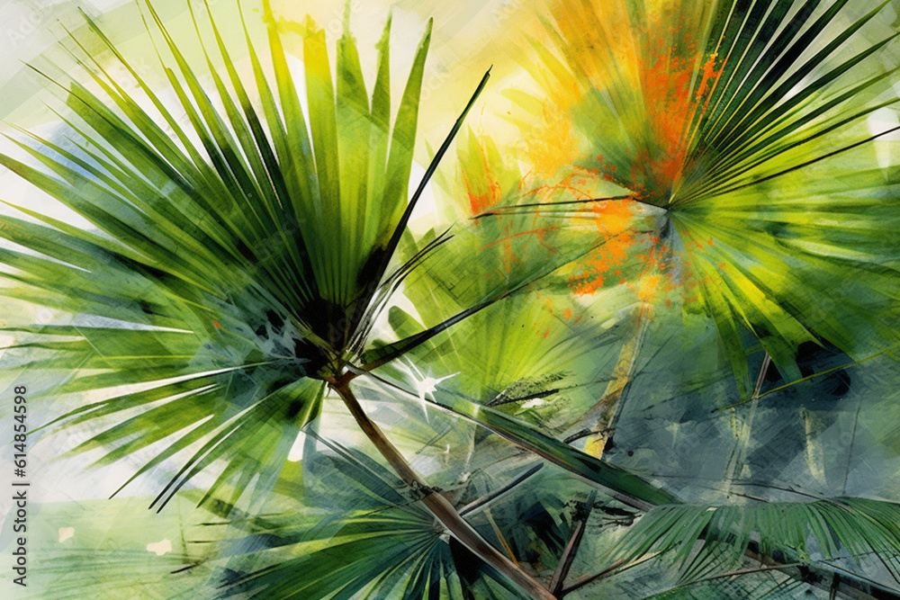 Poster an abstract ink painting of palm leaves with delicate brushstrokes and ink washes, capturing the org