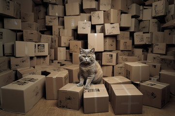 cat amid a lot of cardboard boxes