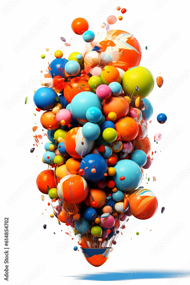 Poster  An abstract digital artwork featuring a cluster of floating balloons composed of geometric shapes and bold colors.  Generative AI technology.