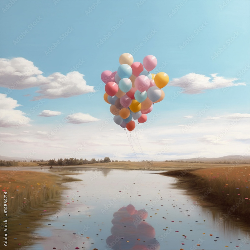 Aufkleber An abstract painting of balloons drifting across a serene and peaceful landscape, with soft colors and gentle brushstrokes, evoking a sense of tranquility and serenity.  Generative AI technology.