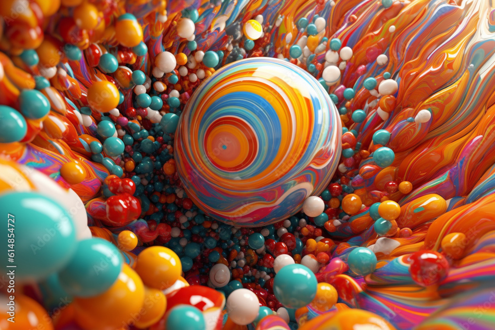 Poster A digital artwork featuring abstract balloons arranged in a spiral or whirlpool formation, creating a visually captivating and dynamic representation of movement and energy.  Generative AI technology.