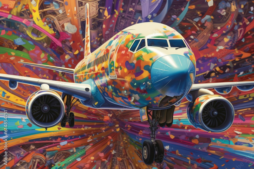 Leinwandbilder  An abstract painting of airplanes against a backdrop of swirling colors or abstract patterns, creating a visually immersive and captivating image.  Generative AI technology.