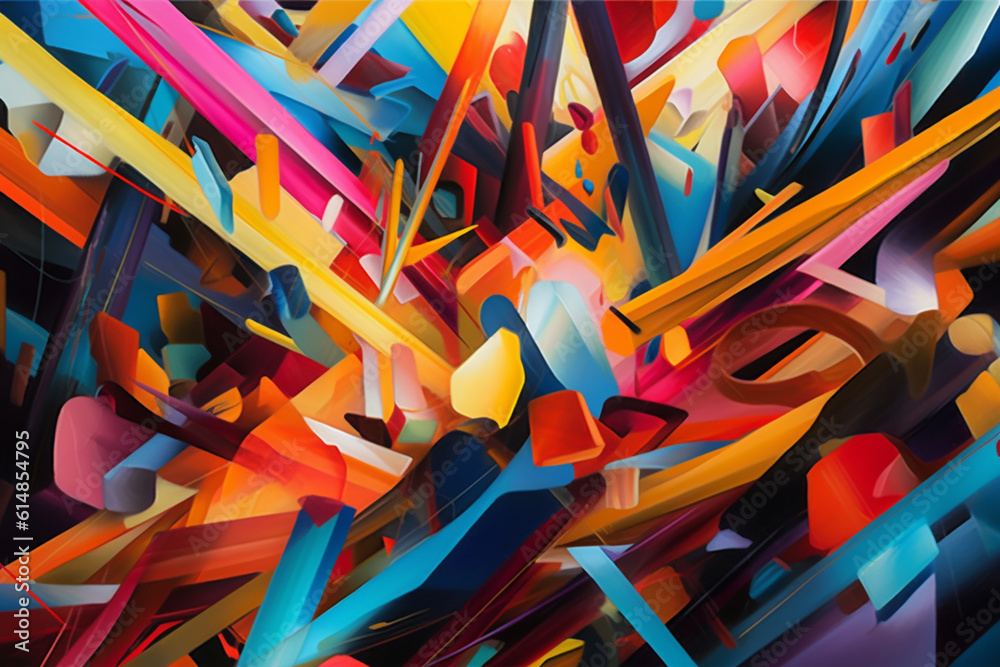 Leinwandbilder  An abstract painting featuring intersecting lines and geometric shapes in vibrant colors, creating a visually dynamic and energetic representation of hope.  Generative AI technology.
