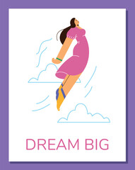 Vector isolated disproportionate character of woman in pink dress flies up, people follow big dream with doodle clouds in frame