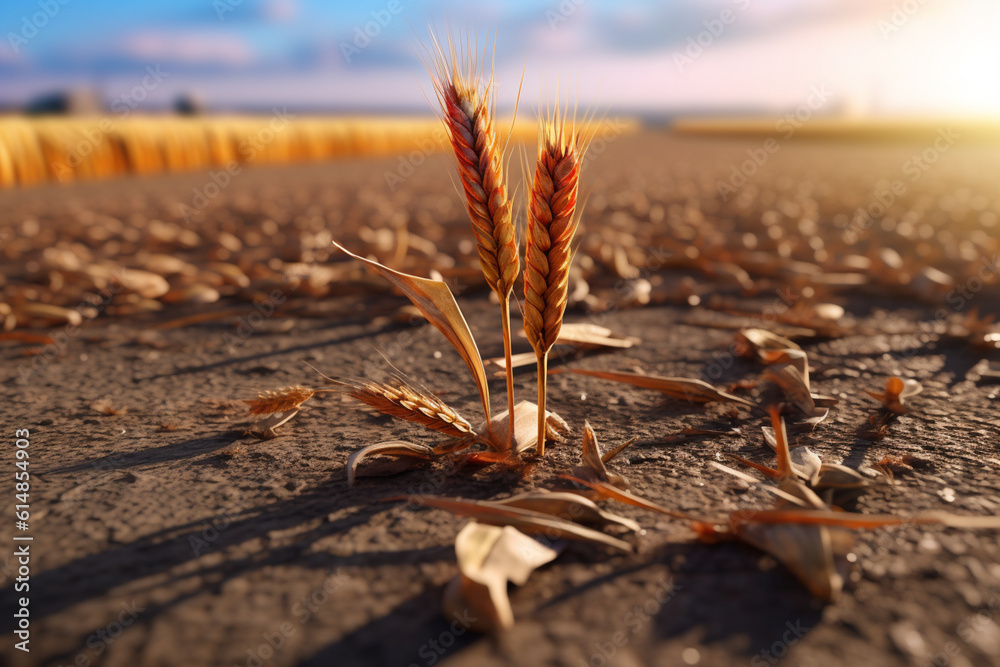 Poster an artistic representation of wheat ears emerging from a cracked and barren ground, symbolizing resi