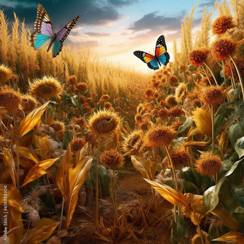 Poster a conceptual artwork combining wheat ears with other elements, such as sunflowers or butterflies, re