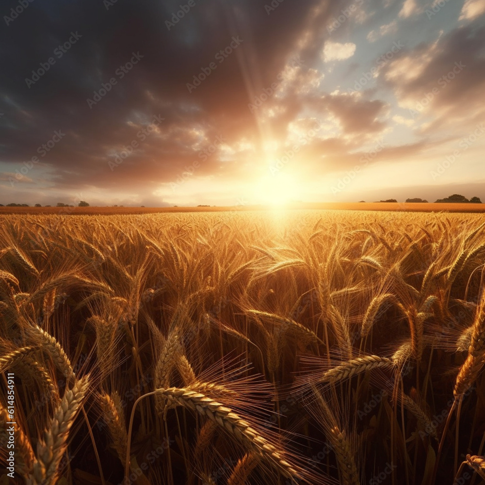 Aufkleber An image of a wheat field at sunrise, with soft rays of light filtering through the waving wheat ears, creating a serene and ethereal scene.  Generative AI technology.