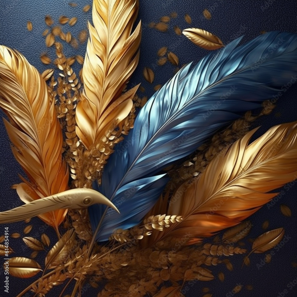 Fototapete a creative composition of wheat ears intertwined with other elements, such as feathers or ribbons, c