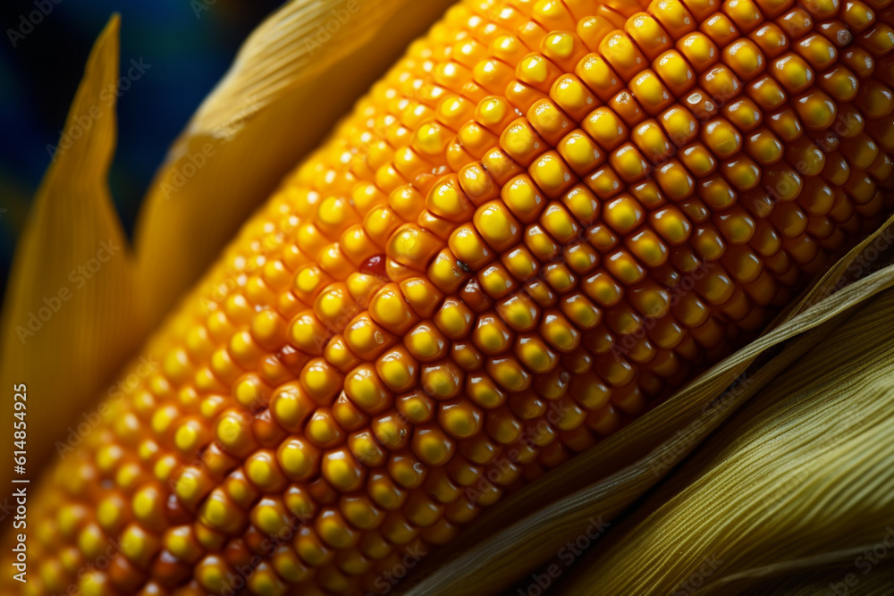 Fototapete a close-up photograph of a fresh maize corn cob, showcasing the vibrant yellow kernels and the intri