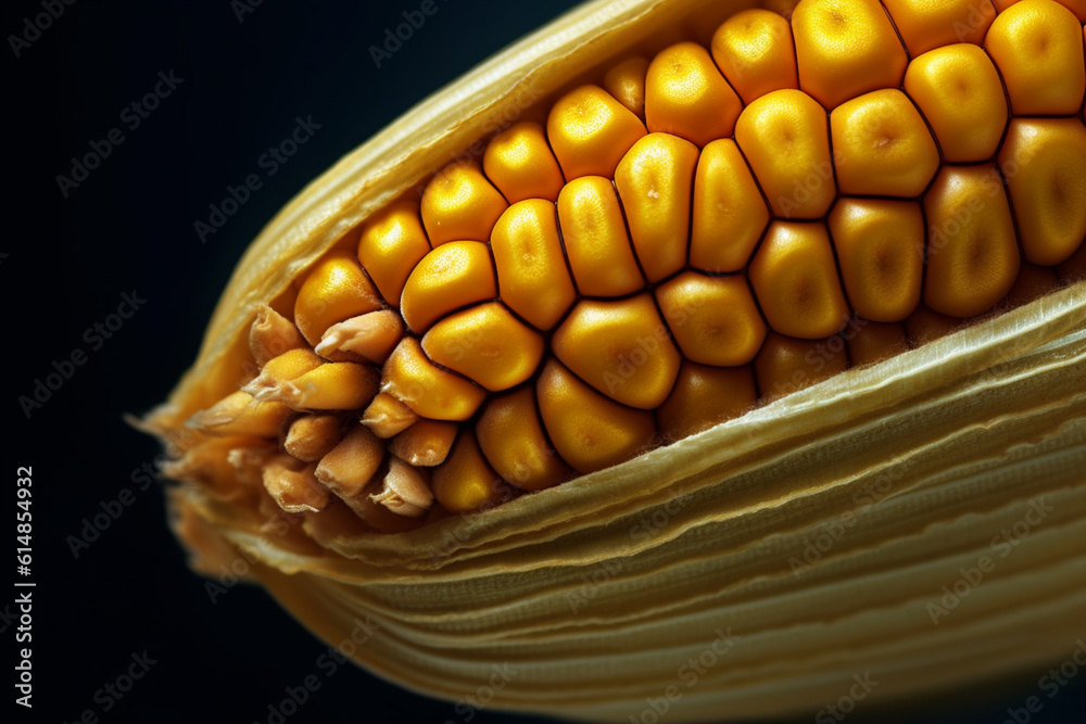 Poster  A macro photograph of a single maize corn kernel, highlighting its unique texture and color, capturing the intricacies of nature's design.  Generative AI technology.