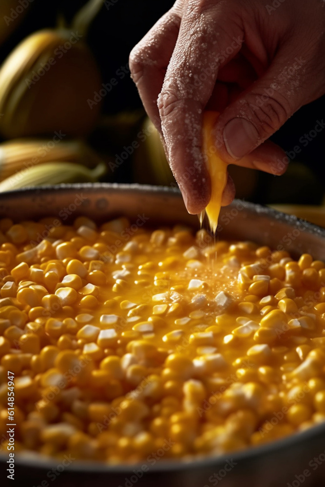 Poster a close-up shot of a chef's hands preparing a maize corn soup, showcasing the culinary process and t
