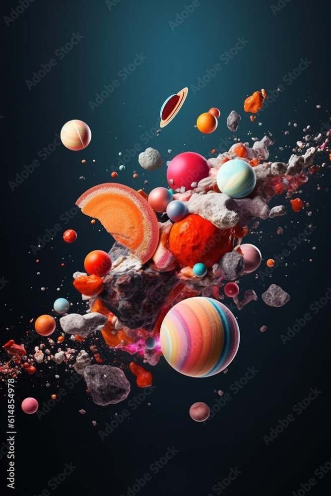 Fototapete A digital composition of abstract objects floating in space, creating a surreal and ethereal atmosphere.  Generative AI technology.
