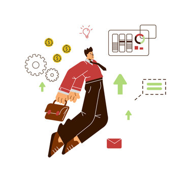 Businessman flying up or jumping, flat vector illustration isolated on white background.