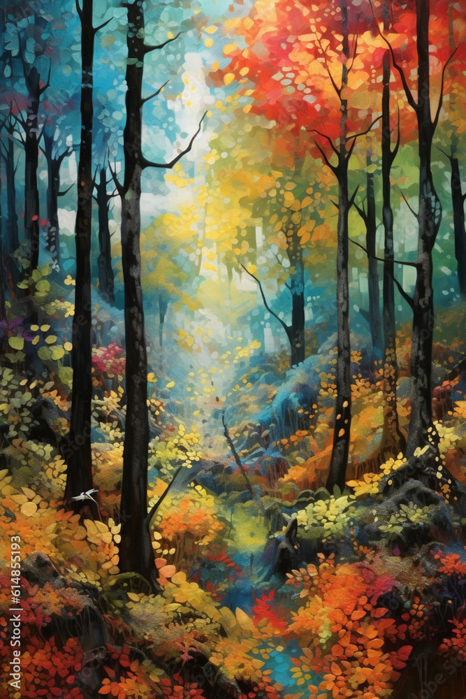 Poster  An abstract painting of a surreal forest with morphing trees and hidden creatures, inviting viewers to delve into the realms of the subconscious.  Generative AI technology.