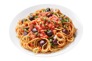 Plate of pasta puttanesca with olives, tomato sauce, anchovies and capers isolated on transparent...