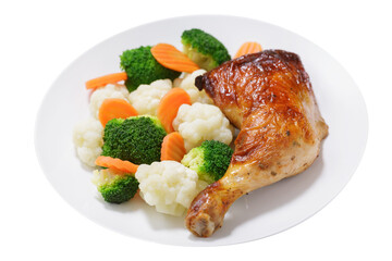 plate of baked chicken leg with vegetables isolated on transparent background