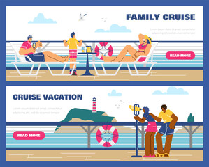 Cruise vacation with family, set of advertising web banners, flat vector illustration.