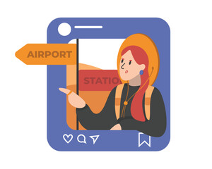 Cartoon tourist girl in hat heading for airport according to signs. Adventure tourism and summer vacation trip. Enjoying holiday and rest. Flat style illustration