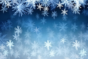 Fototapeta na wymiar Macro close up of Snowflakes and snow borders on a blue crystal background, hight quality illustration, AI Generative