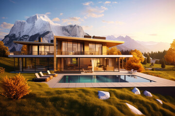 Modern luxury mountain villa with pool during sunset. Generative AI