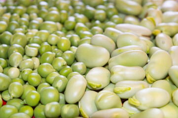 Shelled green peas and broad beans, concept of healthy eating