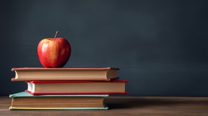 stacked textbooks with apple and blackboard background