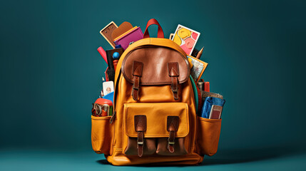 School backpack with colorful learning supplies. Back to school concept. Generated AI. - obrazy, fototapety, plakaty