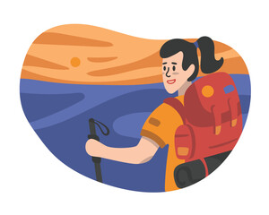 Fototapeta na wymiar Smiling brunette cartoon girl with backpack does nordic walking with poles. Discovering new places during travel. Summer vacation trip. Travel agency tour. Adventure tourist and traveler. Vector