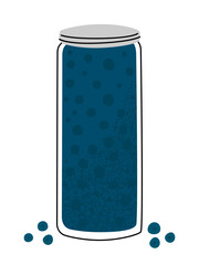 Flat vector illustration of a glass jar with homemade blueberry jam. Sweet traditional dessert. Isolated design on a white background.