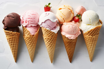Variety of ice cream flavors in waffle cones overhead on white , generative AI