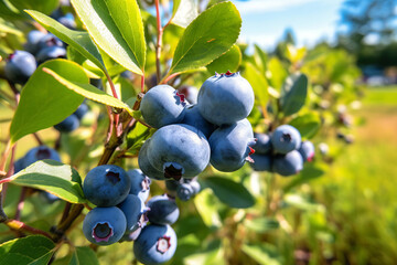 Blueberry plants with ripe berries in an orchard on a sunny day, generative AI