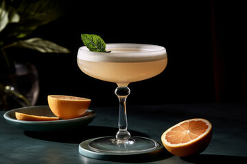 Paloma cocktail in a coupe glass with mint leaf, generative AI - obrazy, fototapety, plakaty